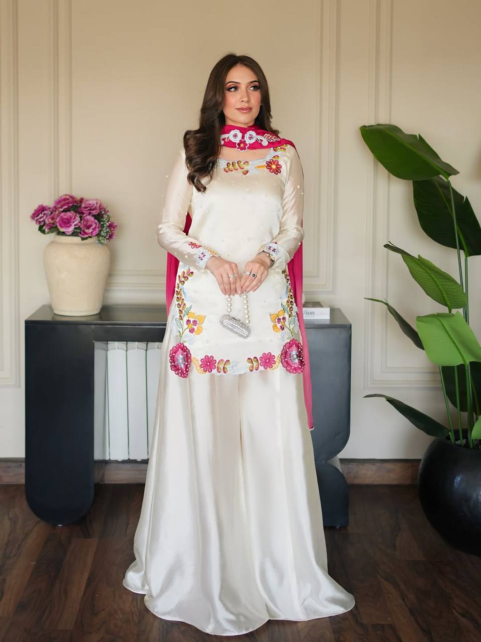 WHITE SILK MULTI EMBROIDERY SHARARA SUIT