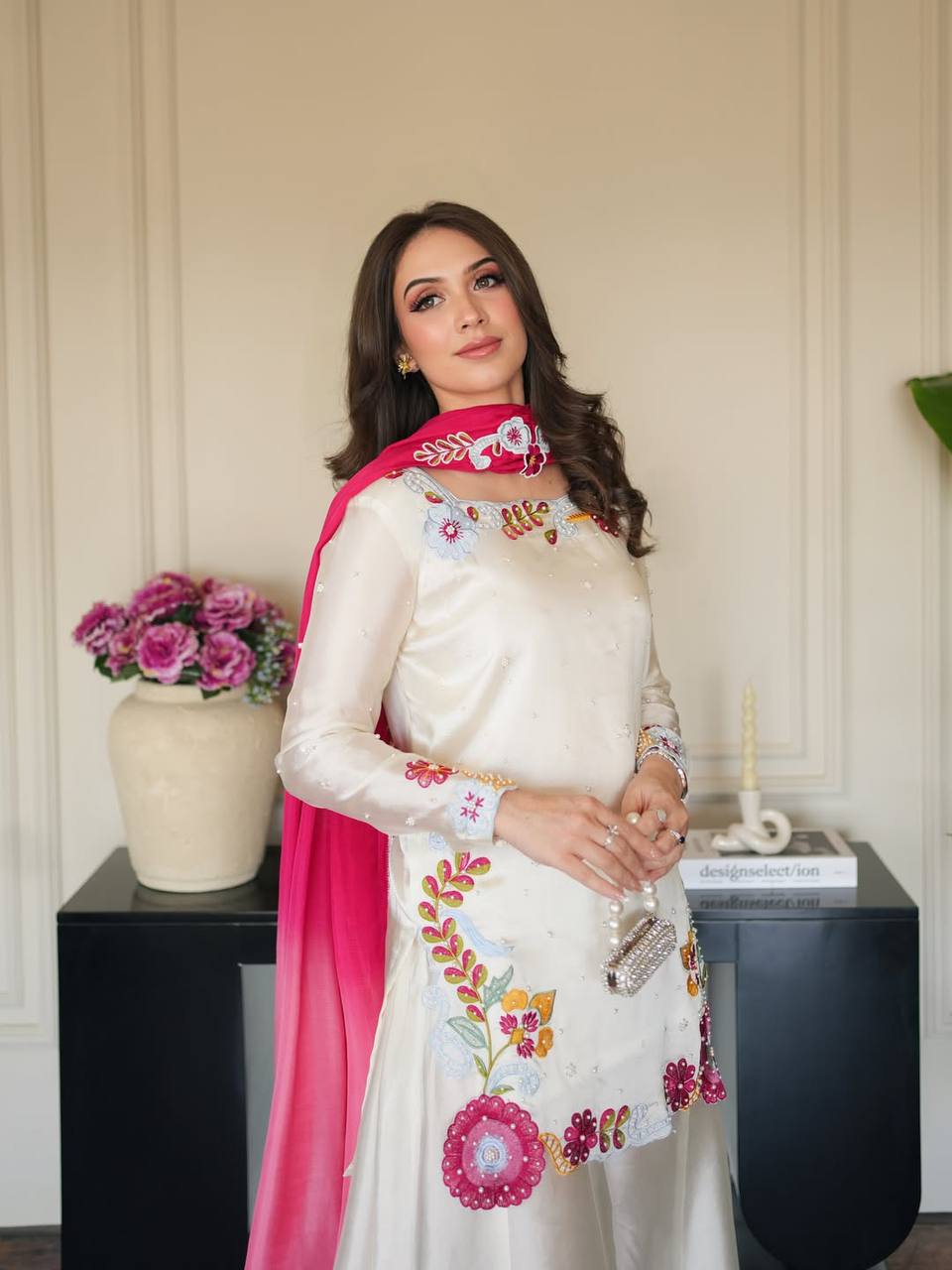 WHITE SILK MULTI EMBROIDERY SHARARA SUIT