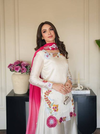 WHITE SILK MULTI EMBROIDERY SHARARA SUIT