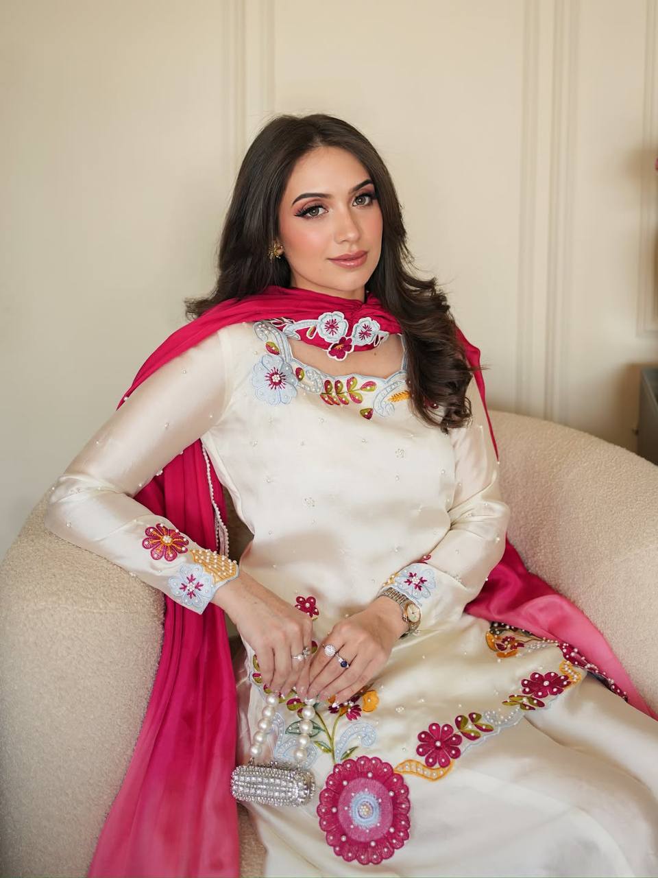 WHITE SILK MULTI EMBROIDERY SHARARA SUIT