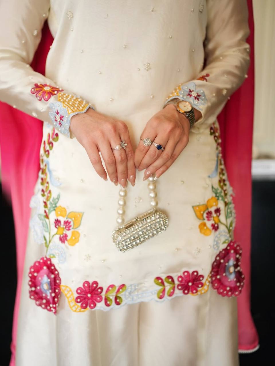 WHITE SILK MULTI EMBROIDERY SHARARA SUIT