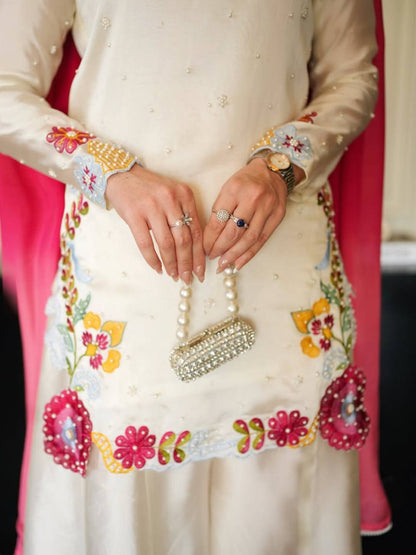 WHITE SILK MULTI EMBROIDERY SHARARA SUIT