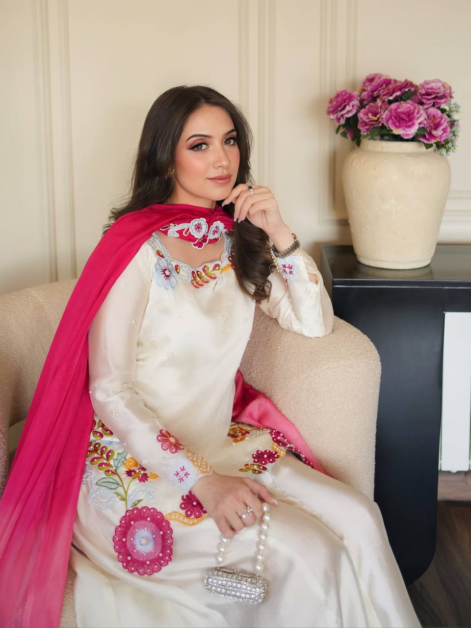 WHITE SILK MULTI EMBROIDERY SHARARA SUIT