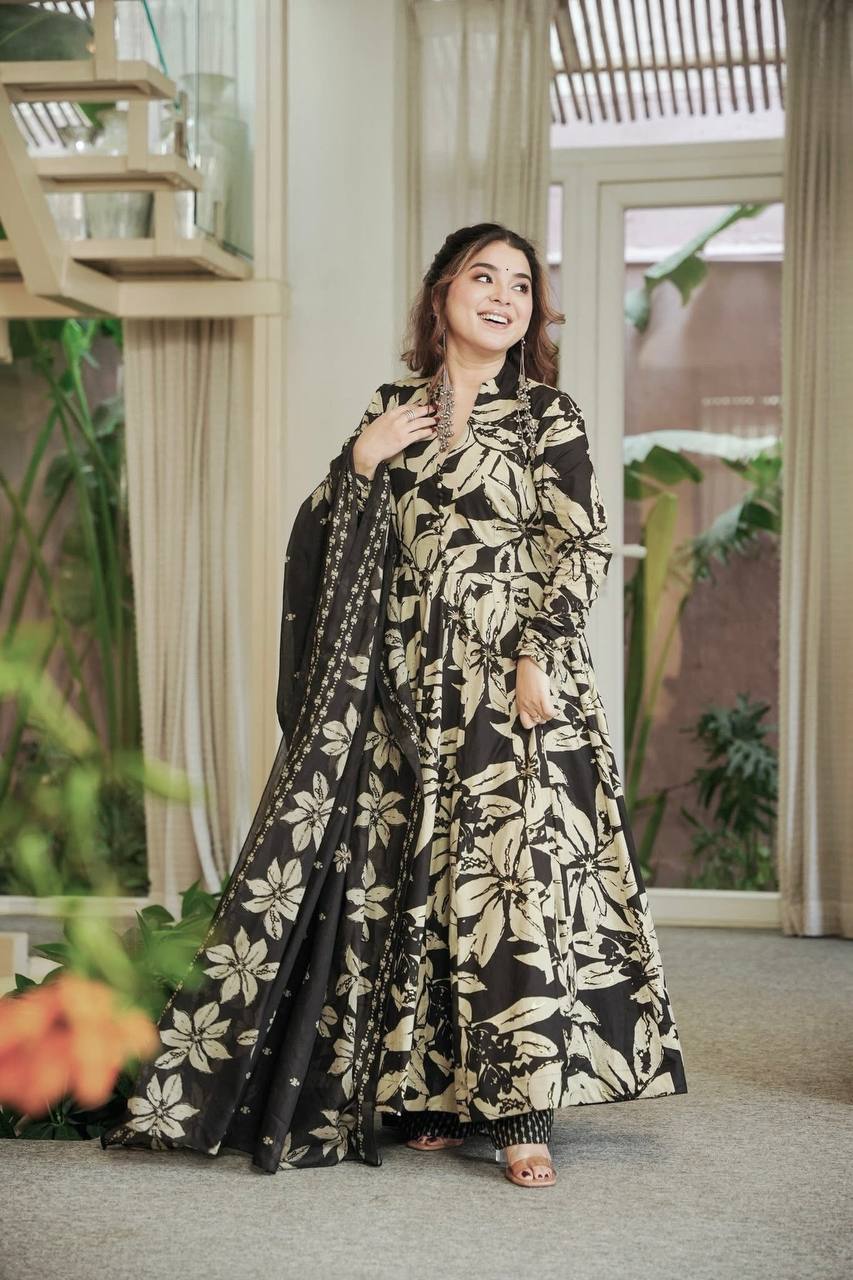 COTTON ANARKALI SUIT WITH FLORAL DIGITAL PRINT