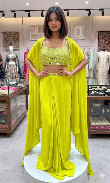 LIME GREEN MIRROR WORK FRENCH CREPE INDO WESTERN SKIRT SET WITH SHRUG