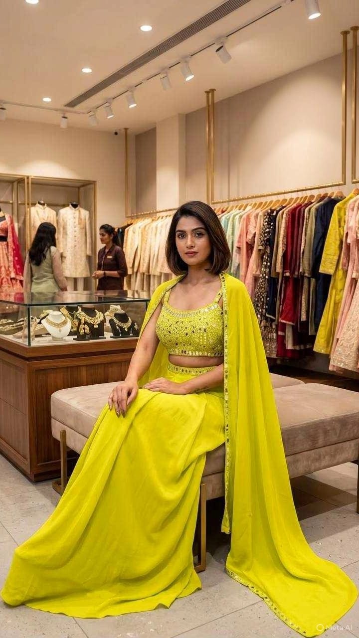 LIME GREEN MIRROR WORK FRENCH CREPE INDO WESTERN SKIRT SET WITH SHRUG