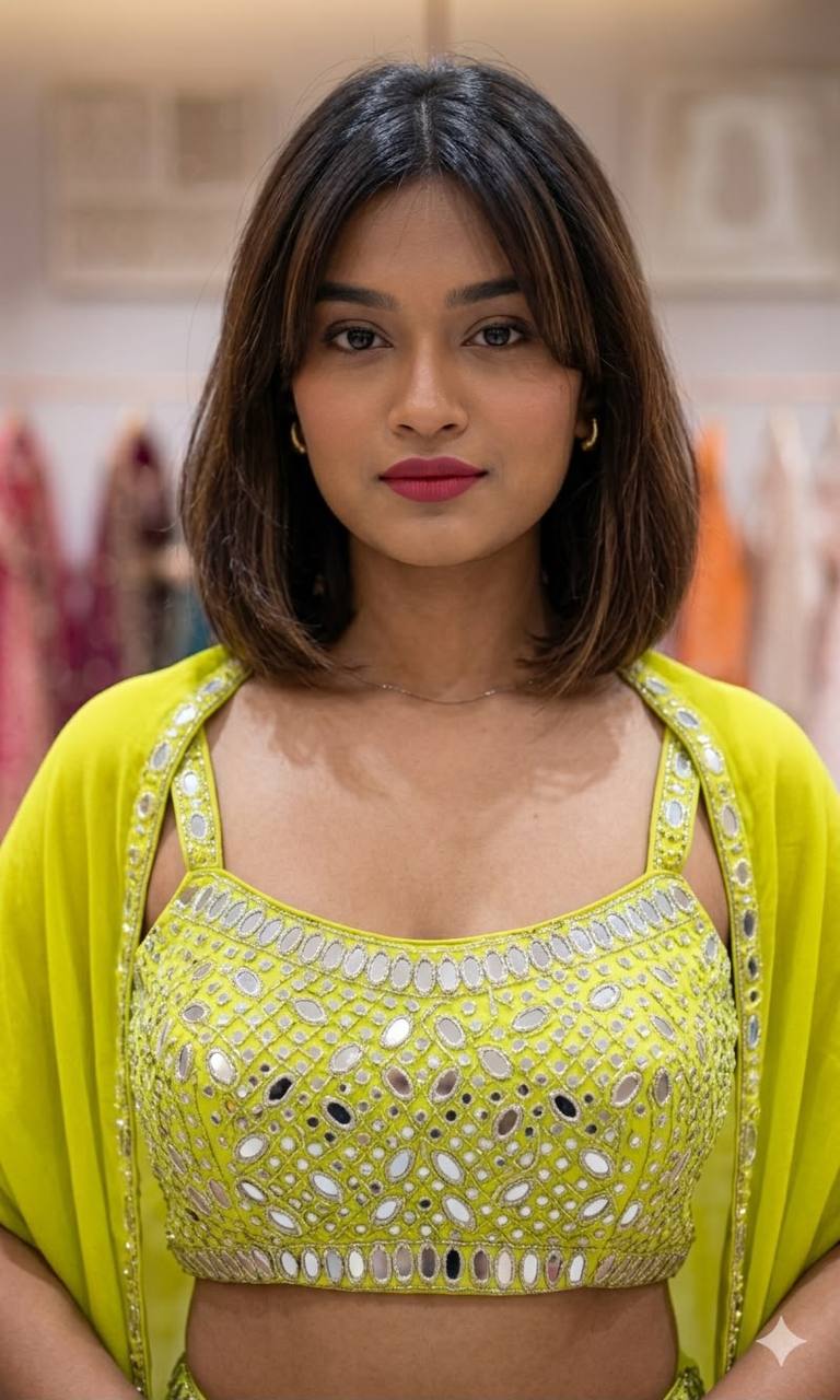 LIME GREEN MIRROR WORK FRENCH CREPE INDO WESTERN SKIRT SET WITH SHRUG