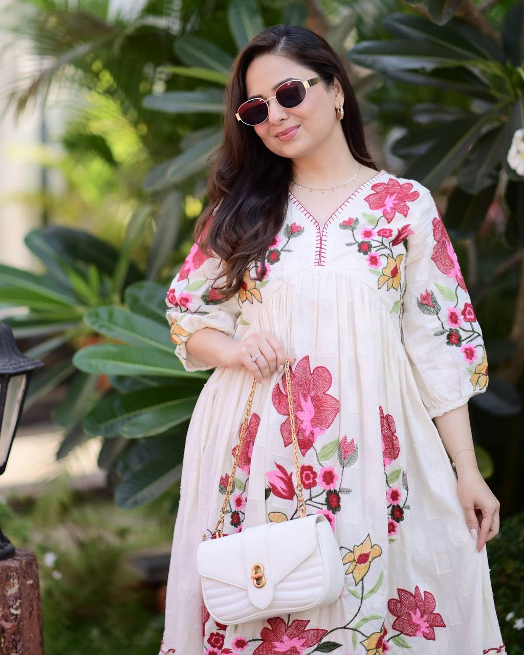 IVORY RED FLORAL THREADWORK COTTON A LINE DRESS