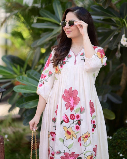 IVORY RED FLORAL THREADWORK COTTON A LINE DRESS