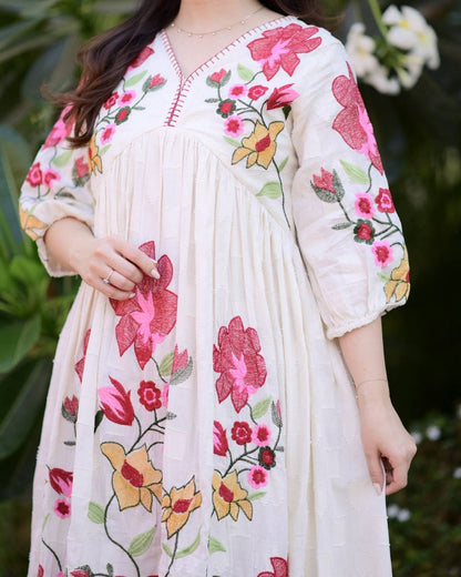 IVORY RED FLORAL THREADWORK COTTON A LINE DRESS