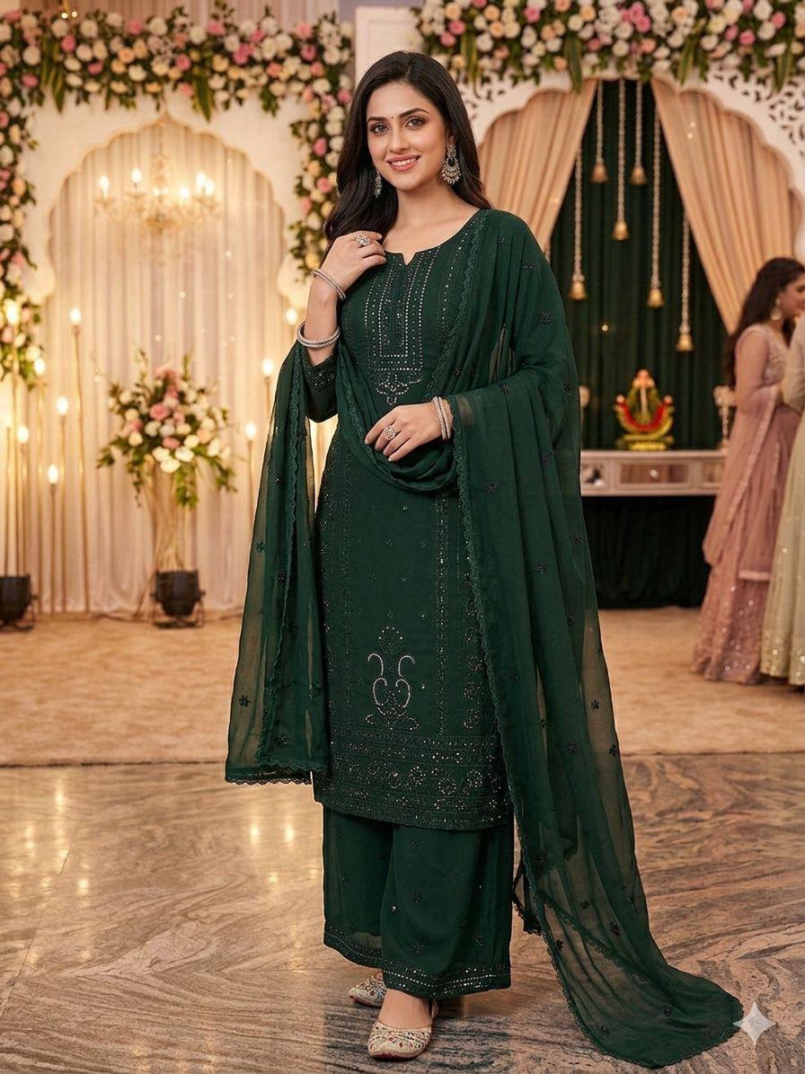 DARK GREEN EMBROIDERED GEORGETTE SALWAR SUIT SET