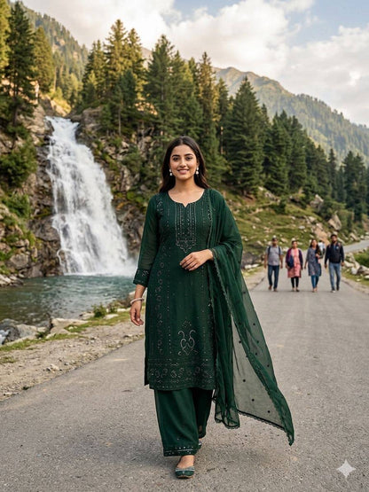 DARK GREEN EMBROIDERED GEORGETTE SALWAR SUIT SET