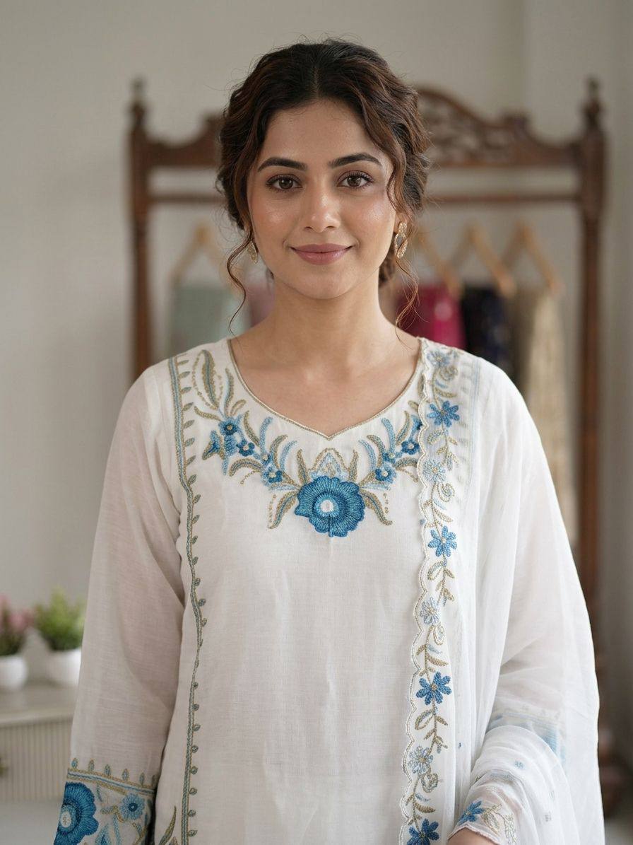 WHITE SUIT SET WITH BLUE & PINK FLORAL EMBROIDERY WORK