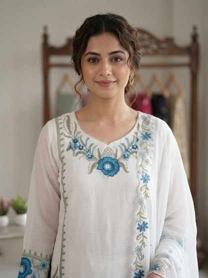 WHITE SUIT SET WITH BLUE & PINK FLORAL EMBROIDERY WORK