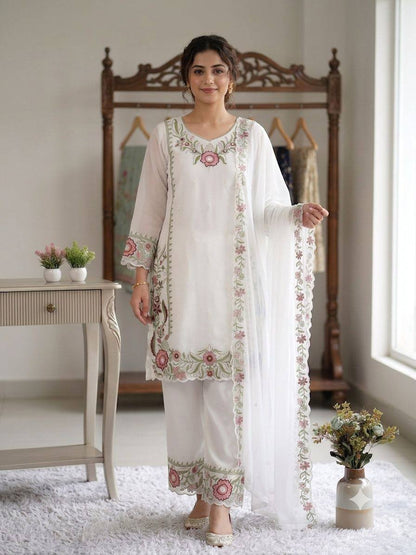 WHITE SUIT SET WITH BLUE & PINK FLORAL EMBROIDERY WORK