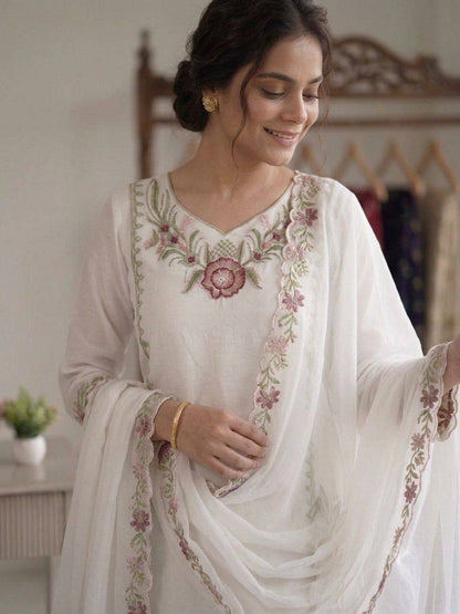 WHITE SUIT SET WITH BLUE & PINK FLORAL EMBROIDERY WORK