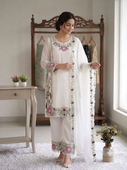 WHITE SUIT SET WITH BLUE & PINK FLORAL EMBROIDERY WORK