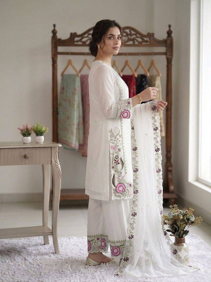 WHITE SUIT SET WITH BLUE & PINK FLORAL EMBROIDERY WORK