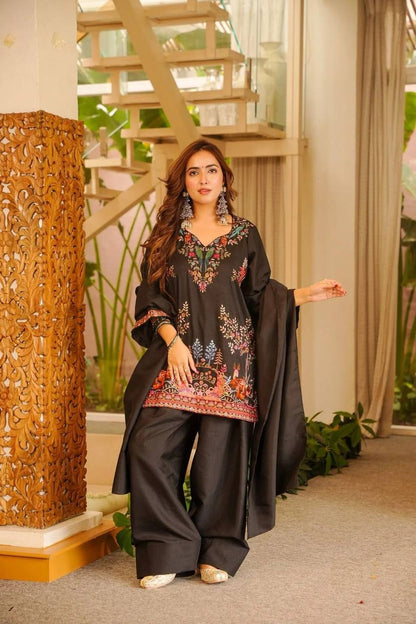 BLACK HEAVY RAYON FARSHI PLAZZO SUIT SET