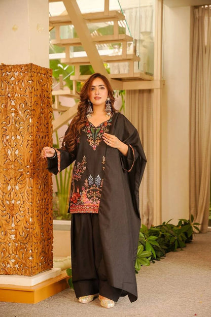 BLACK HEAVY RAYON FARSHI PLAZZO SUIT SET