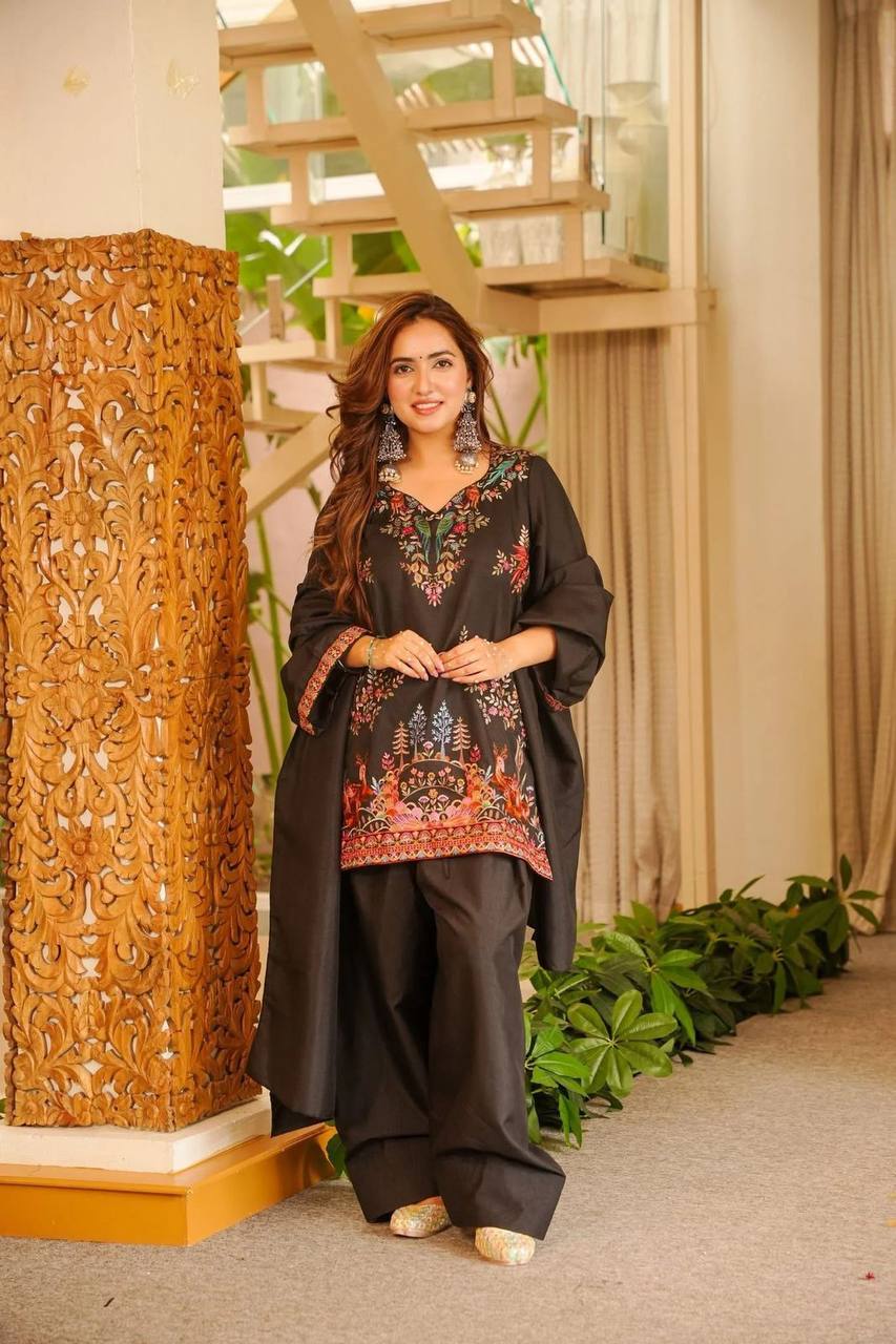 BLACK HEAVY RAYON FARSHI PLAZZO SUIT SET