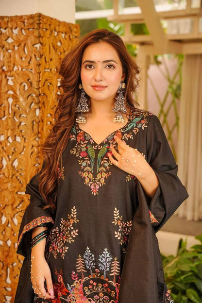 BLACK HEAVY RAYON FARSHI PLAZZO SUIT SET