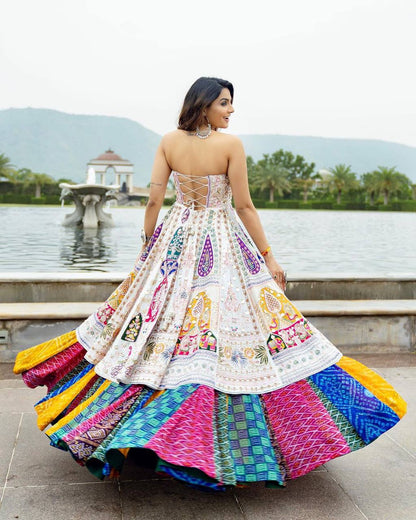 WHITE STRAPLESS LEHENGA CHOLI FOR NAVRATRI WITH EMBROIDERED & MIRROR WORK