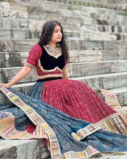 MAROON & BLUE CHANIYA CHOLI WITH MIRROR WORK DUPATTA FOR NAVRATRI