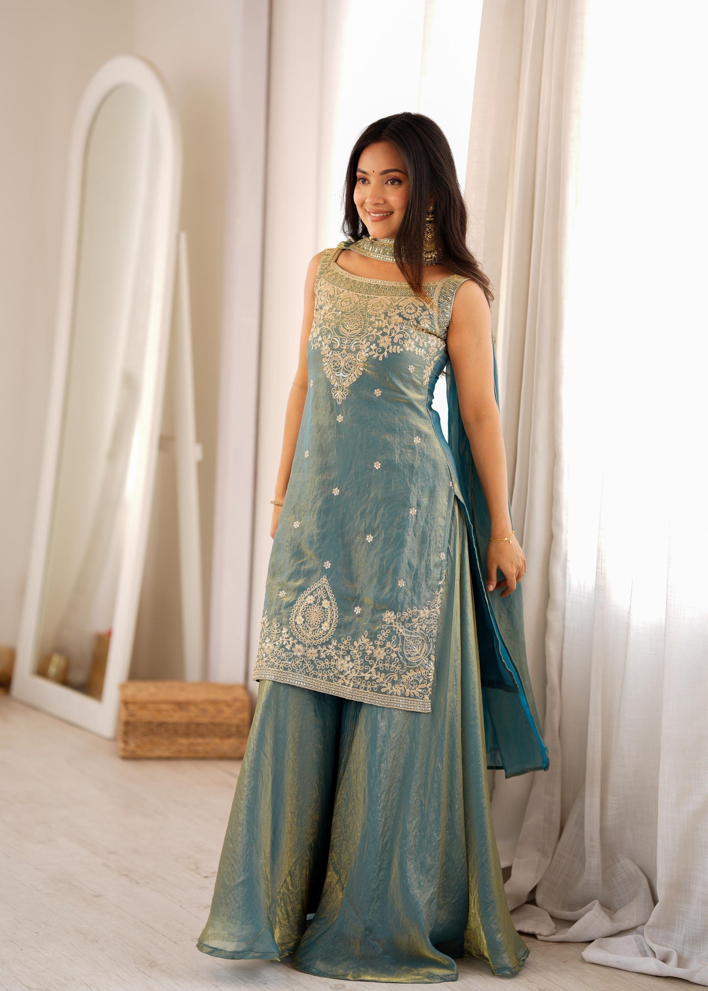 SEA GREEN SILK KURTA SET WITH DUPATTA