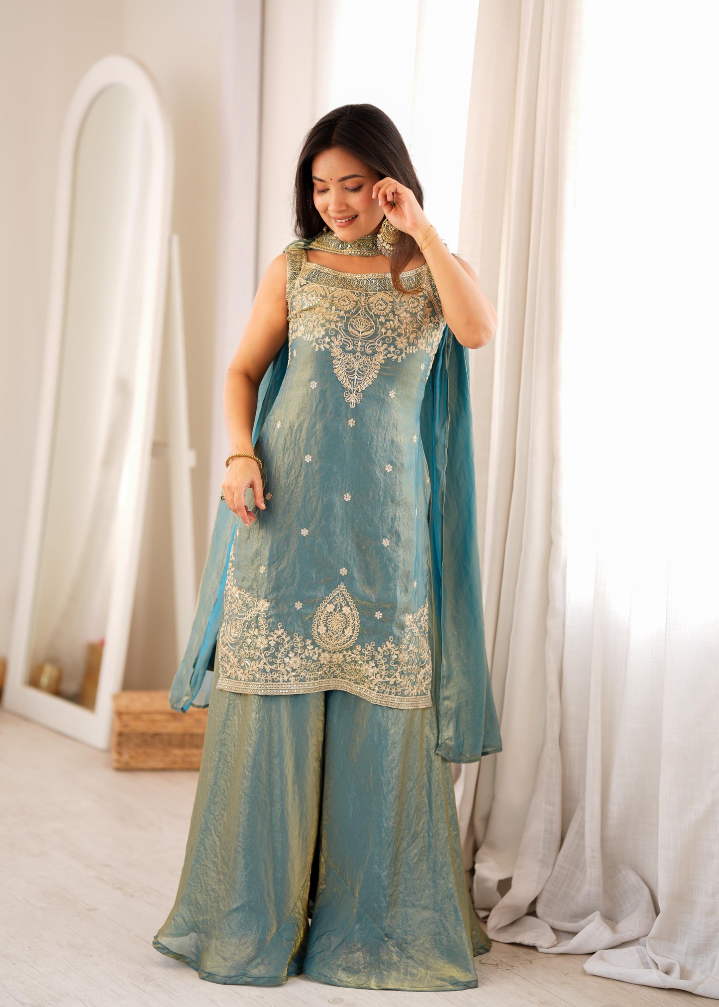 SEA GREEN SILK KURTA SET WITH DUPATTA