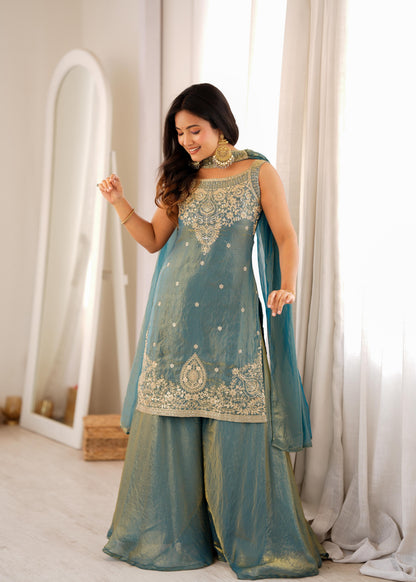 SEA GREEN SILK KURTA SET WITH DUPATTA