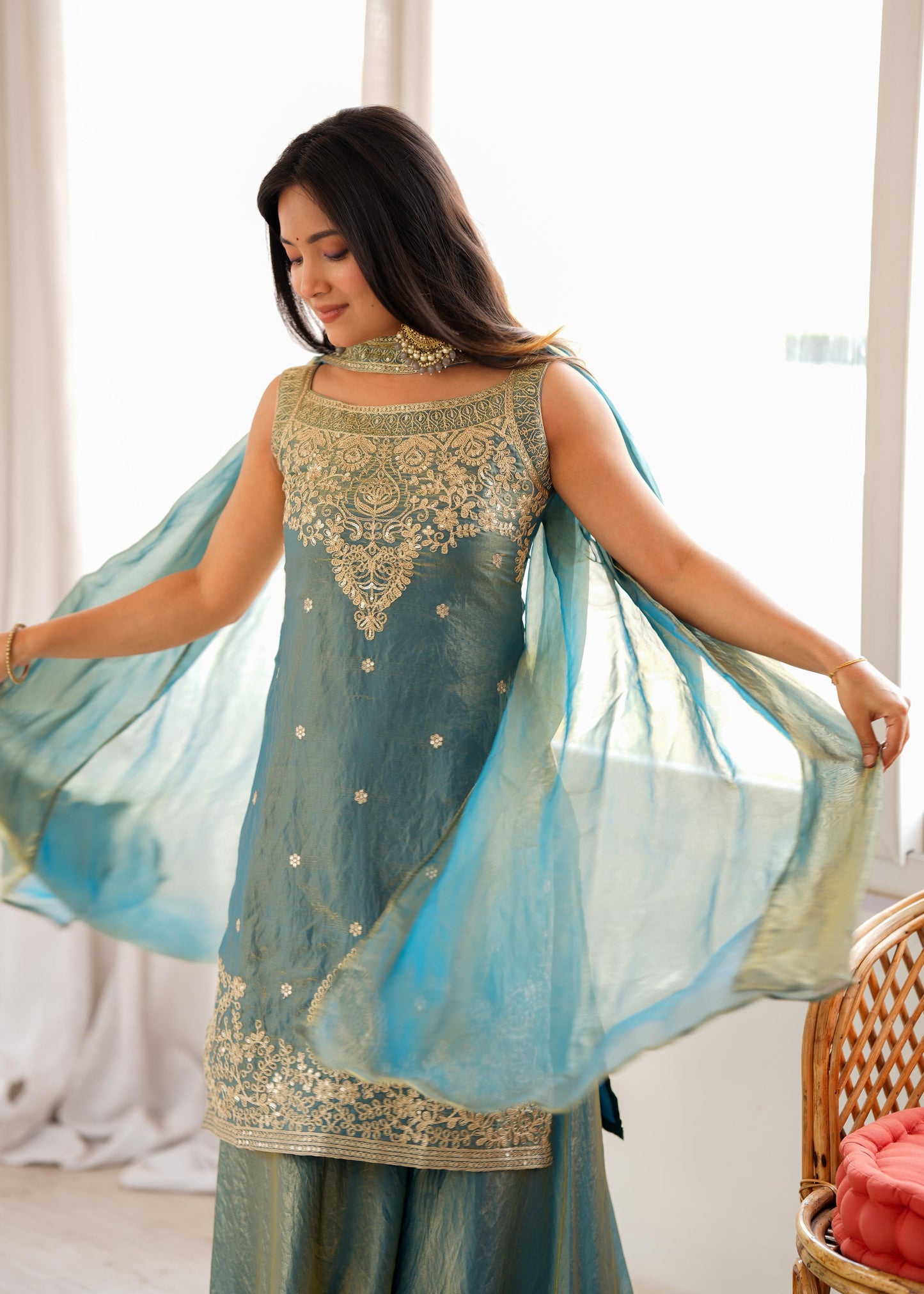 SEA GREEN SILK KURTA SET WITH DUPATTA