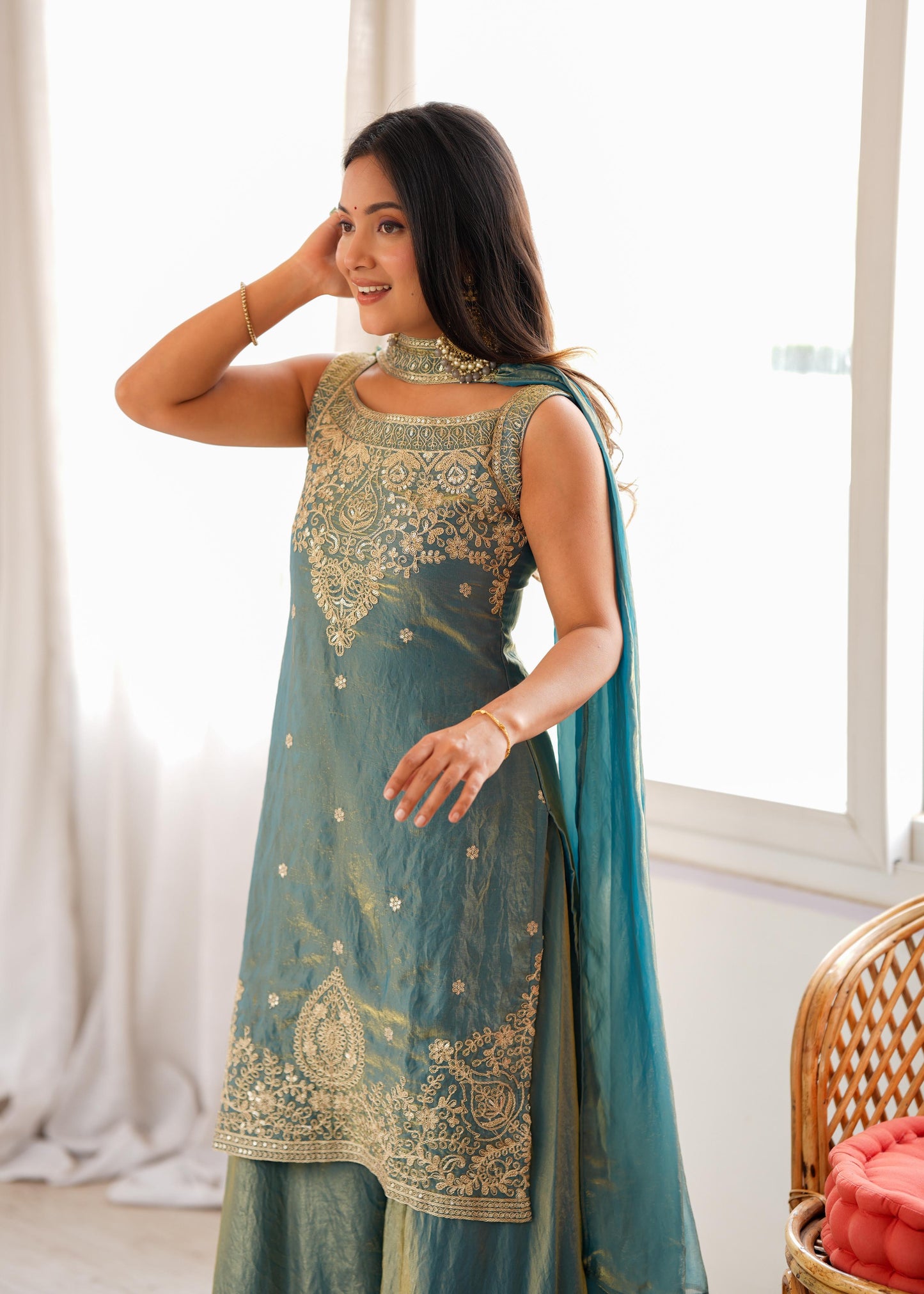 SEA GREEN SILK KURTA SET WITH DUPATTA
