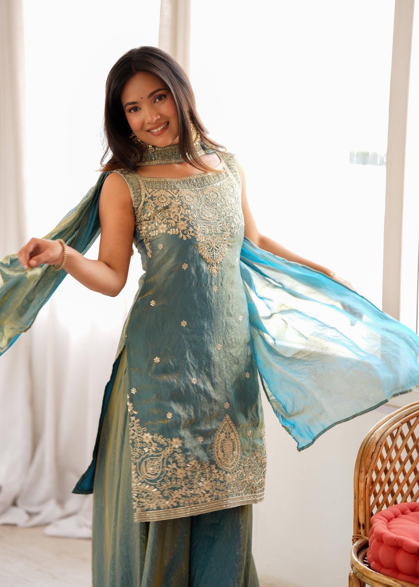 SEA GREEN SILK KURTA SET WITH DUPATTA
