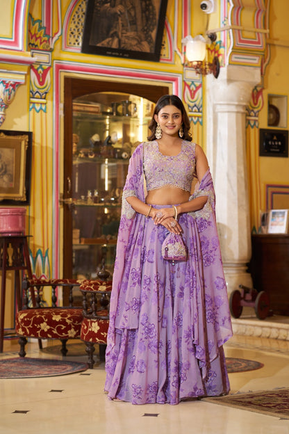 DESIGNER EMBROIDERED GEORGETTE FLORAL PRINT LEHENGA