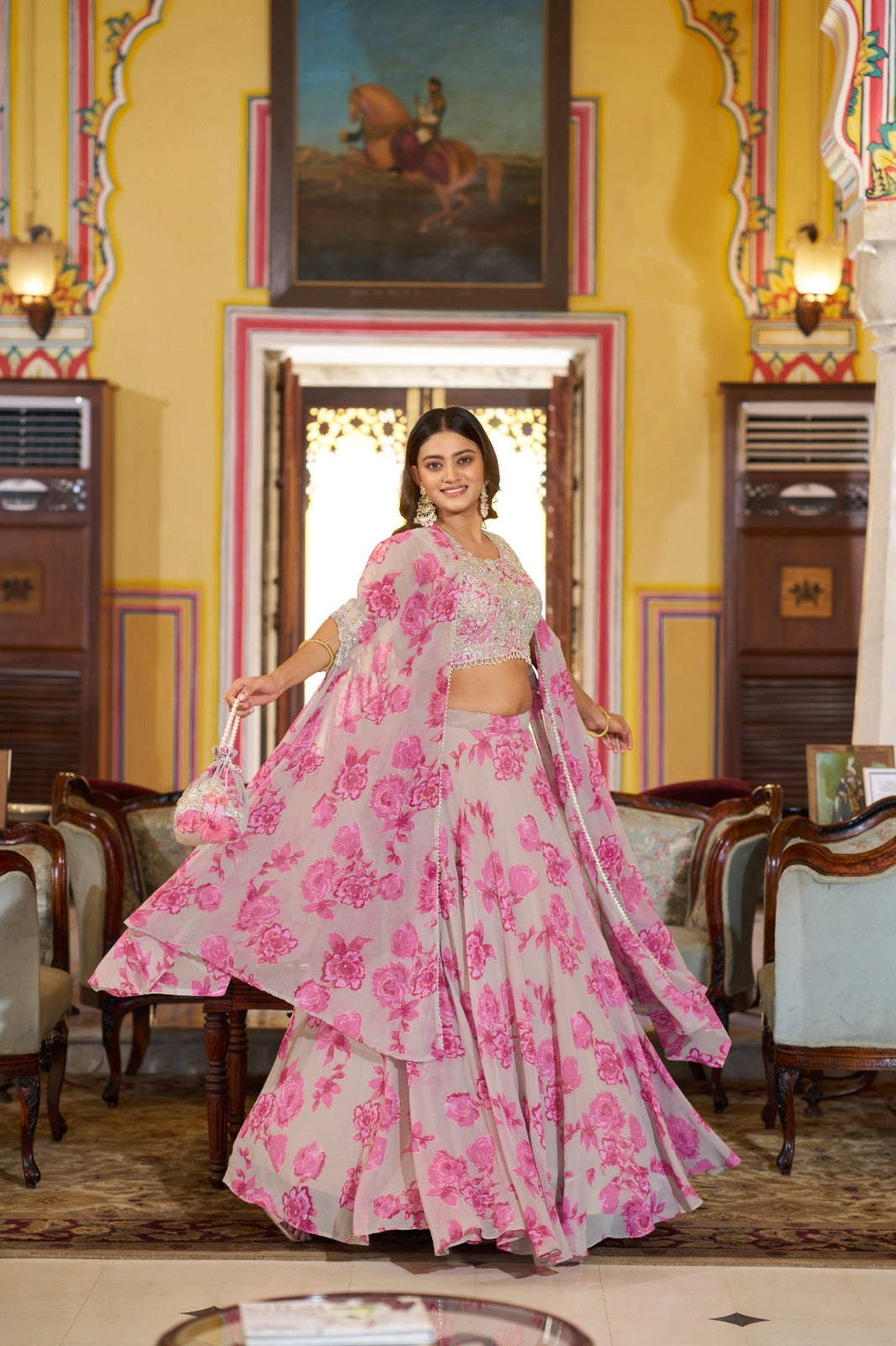 DESIGNER EMBROIDERED GEORGETTE FLORAL PRINT LEHENGA