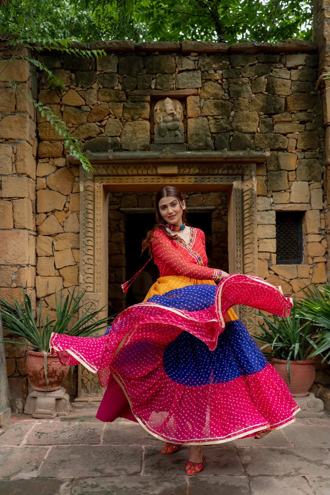 MULTI COLOUR PREMIUM GEORGETTE 3-LAYER RUFFLE ANARKALI GOWN WITH MIRROR WORK