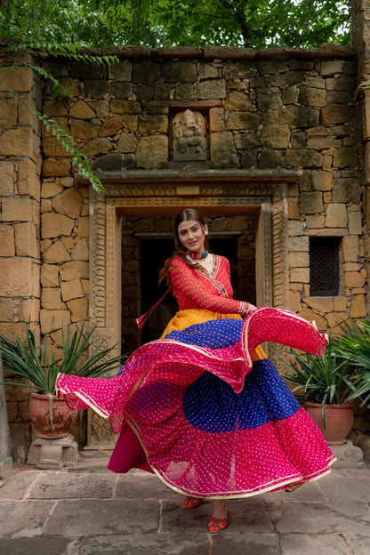 MULTI COLOUR PREMIUM GEORGETTE 3-LAYER RUFFLE ANARKALI GOWN WITH MIRROR WORK