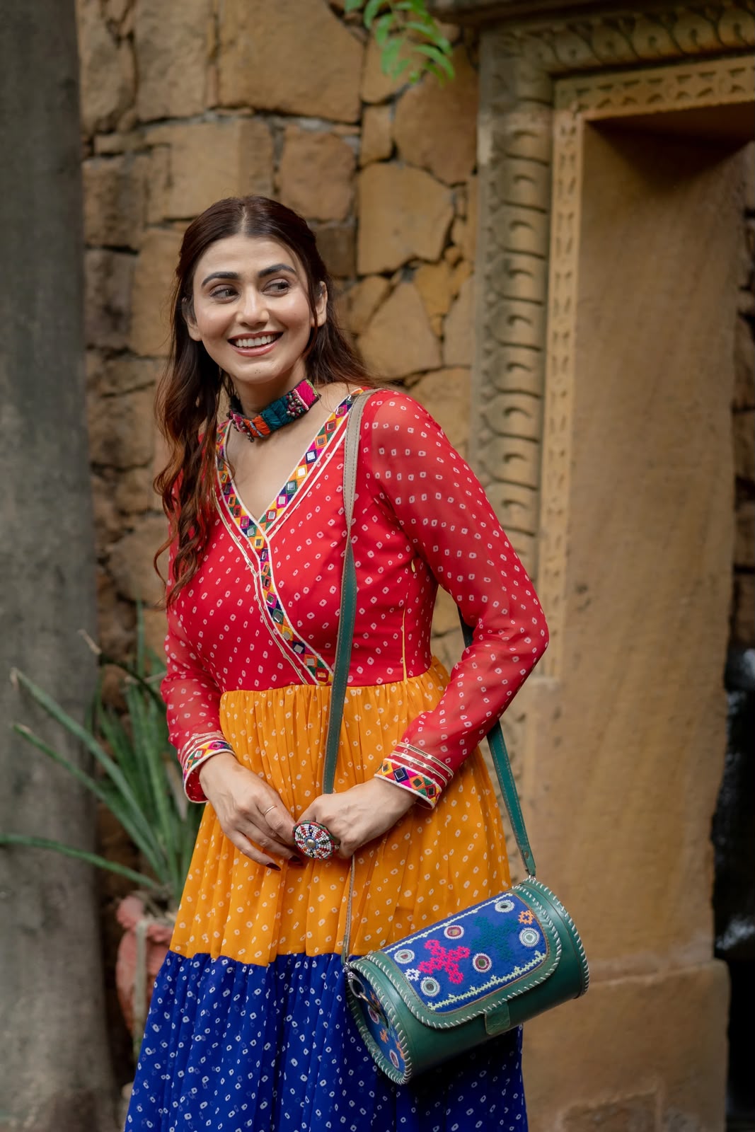 MULTI COLOUR PREMIUM GEORGETTE 3-LAYER RUFFLE ANARKALI GOWN WITH MIRROR WORK