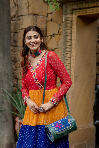 MULTI COLOUR PREMIUM GEORGETTE 3-LAYER RUFFLE ANARKALI GOWN WITH MIRROR WORK