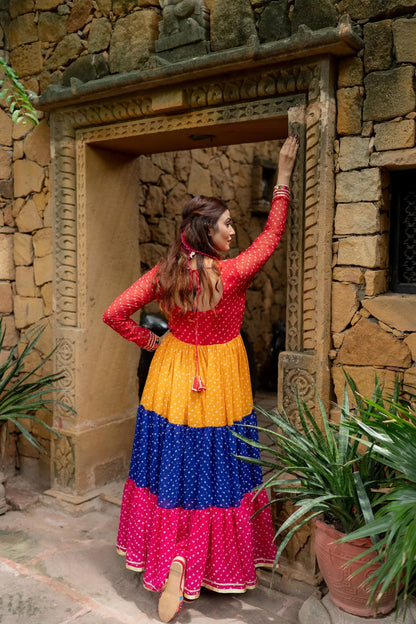 MULTI COLOUR PREMIUM GEORGETTE 3-LAYER RUFFLE ANARKALI GOWN WITH MIRROR WORK