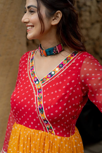 MULTI COLOUR PREMIUM GEORGETTE 3-LAYER RUFFLE ANARKALI GOWN WITH MIRROR WORK