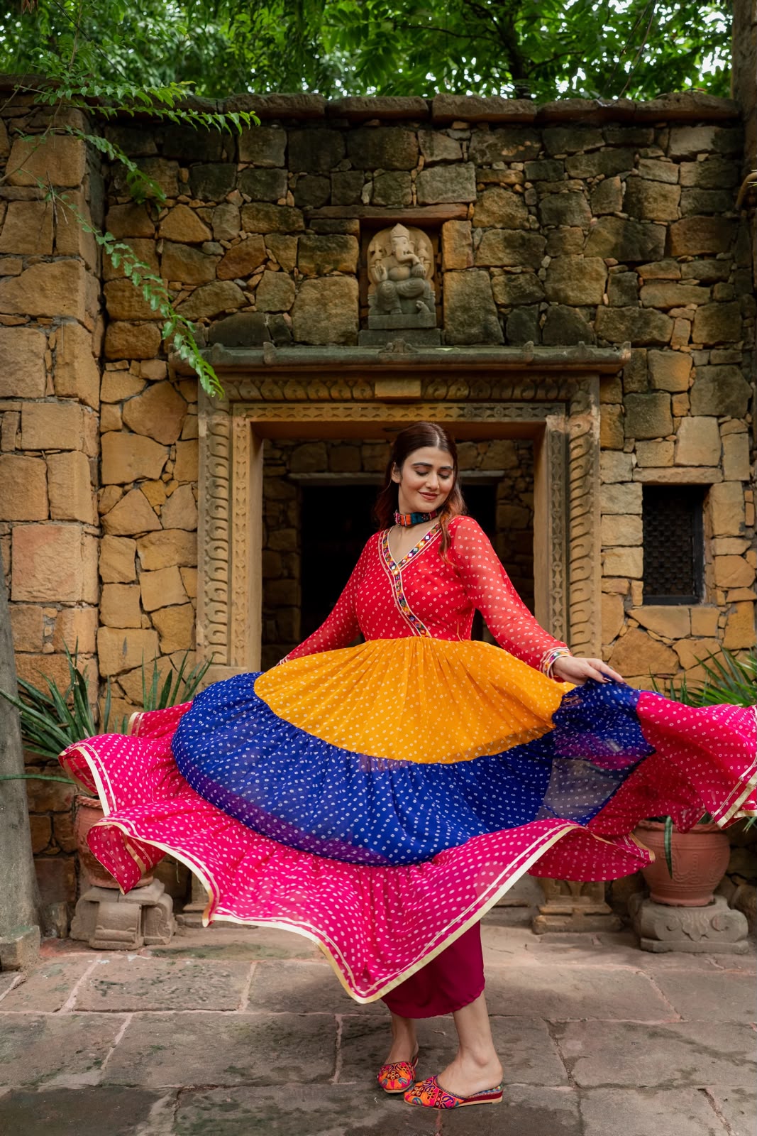 MULTI COLOUR PREMIUM GEORGETTE 3-LAYER RUFFLE ANARKALI GOWN WITH MIRROR WORK