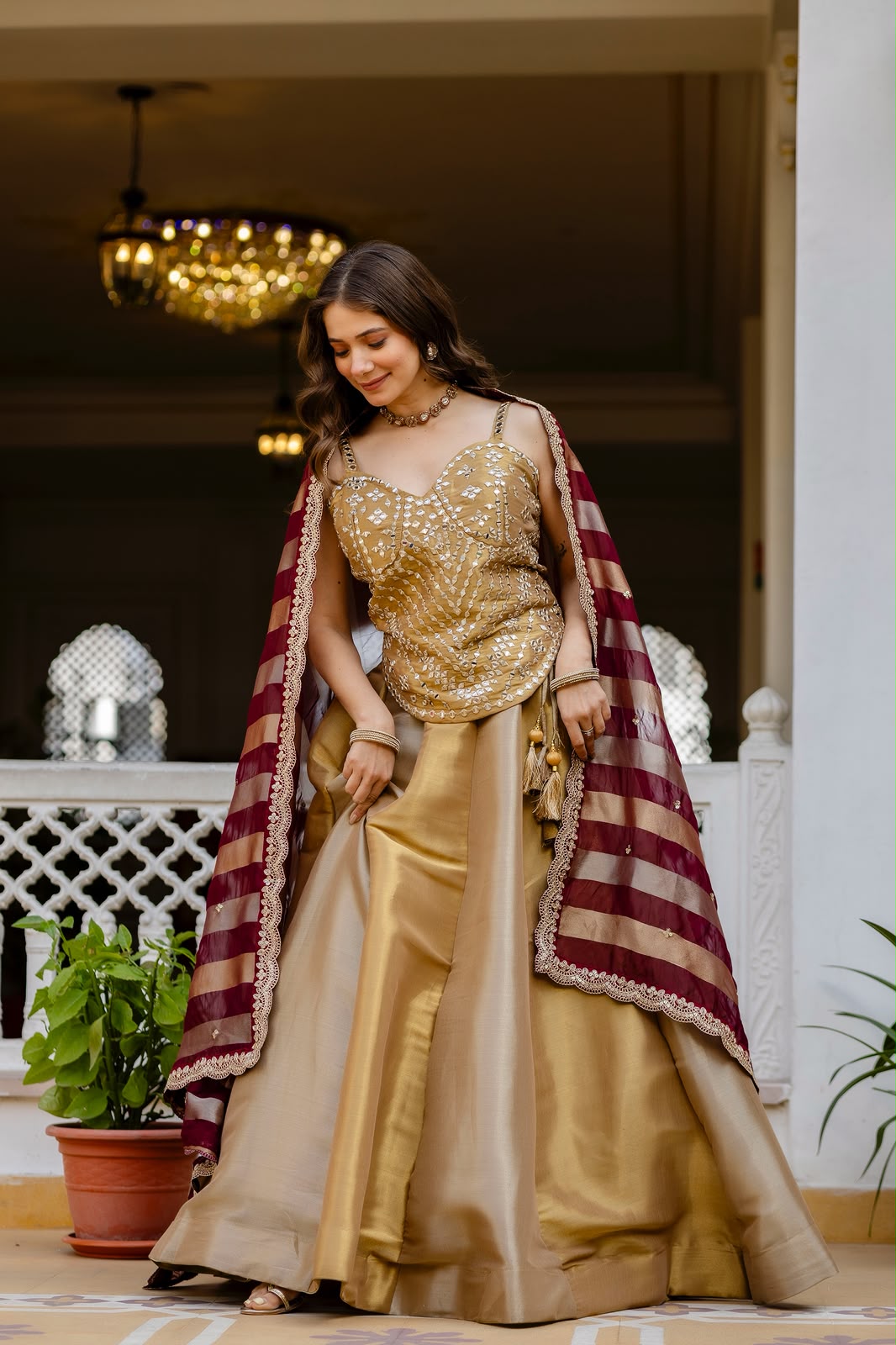 DESIGNER GOLDEN REAL MIRROR WORK CO-ORD SET LEHENGA