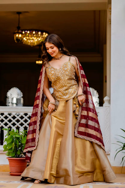 DESIGNER GOLDEN REAL MIRROR WORK CO-ORD SET LEHENGA