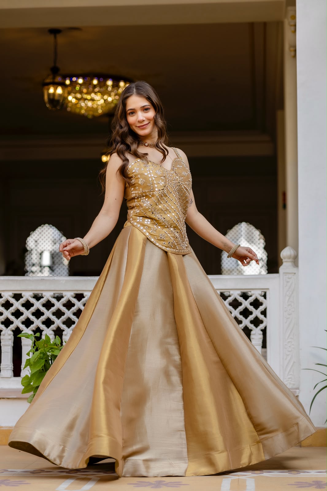 DESIGNER GOLDEN REAL MIRROR WORK CO-ORD SET LEHENGA