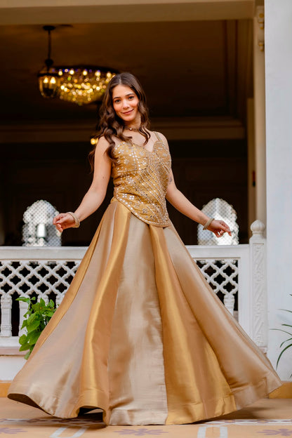 DESIGNER GOLDEN REAL MIRROR WORK CO-ORD SET LEHENGA