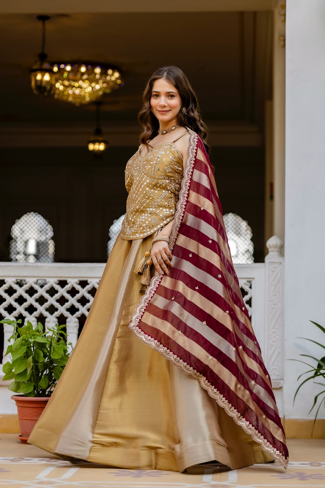 DESIGNER GOLDEN REAL MIRROR WORK CO-ORD SET LEHENGA