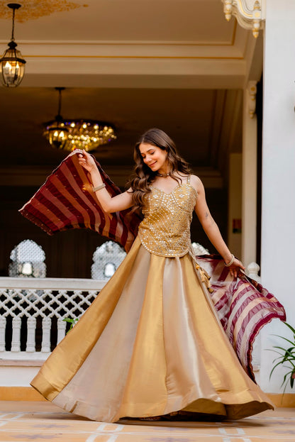 DESIGNER GOLDEN REAL MIRROR WORK CO-ORD SET LEHENGA