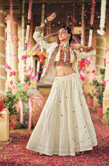 OFF-WHITE NAVRATRI STYLE LEHENGA CHOLI IN PURE COTTON